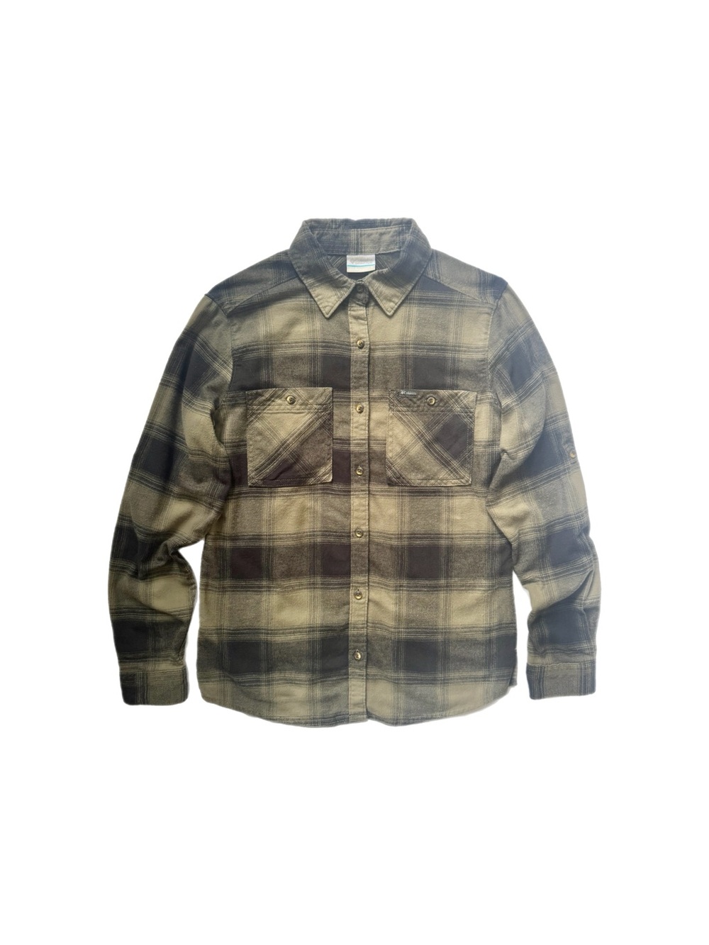 Columbia Khaki Green & Black Plaid Button Up Flannel Shirt